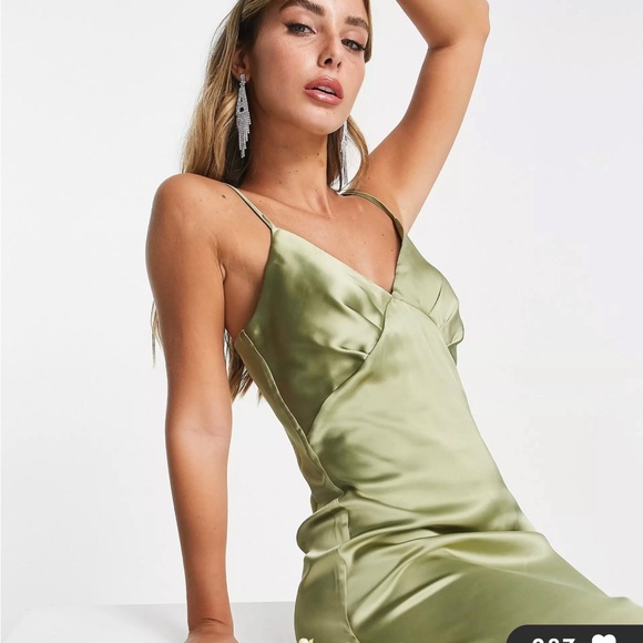 Pretty Lavish Satin Soft Olive Bridesmaid Dress US Size 6 - Picture 3 of 7
